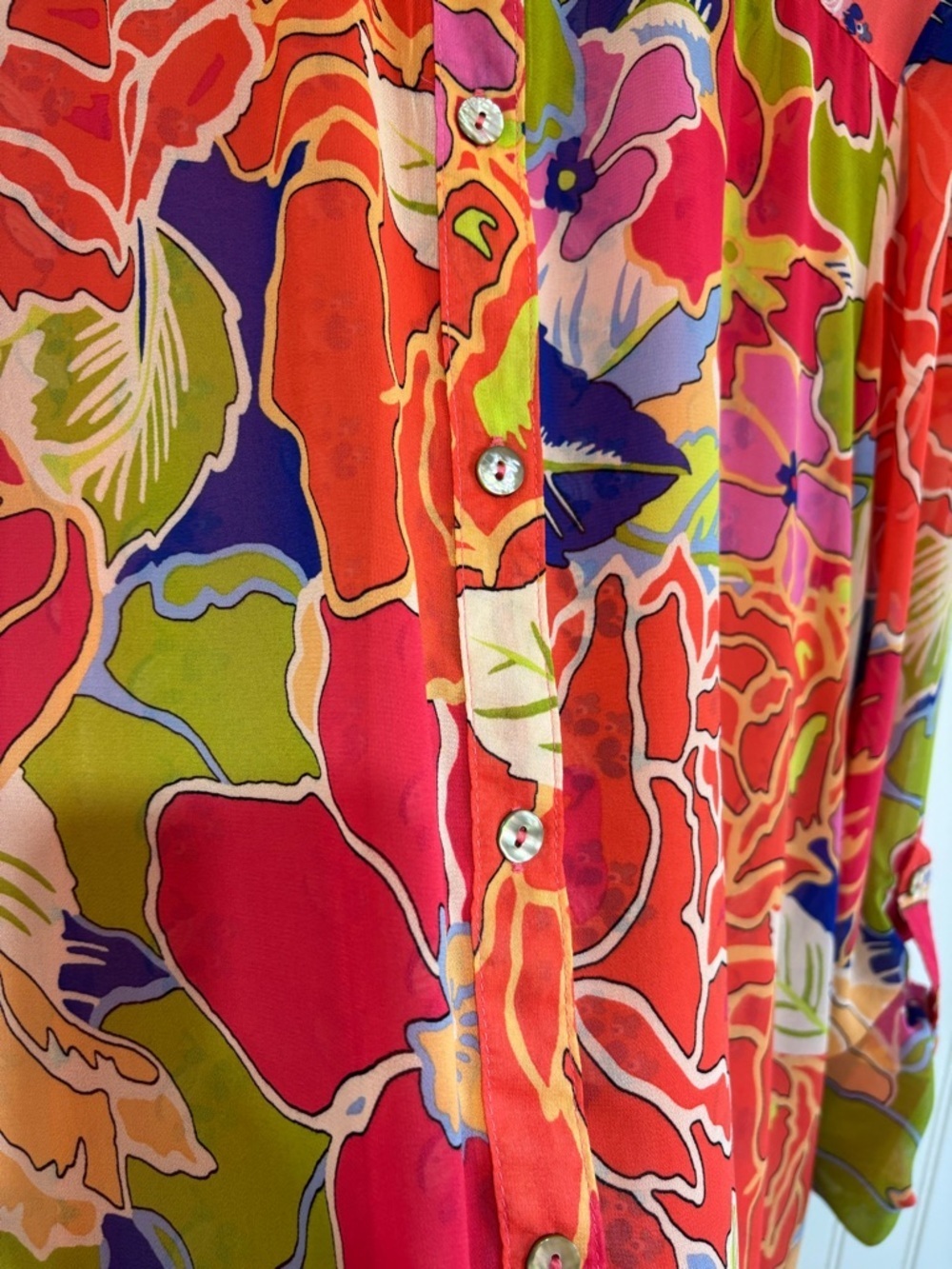 Figueroa & Flower XL Sheer Floral Button Down Blouse Top Boho Chic Bright - Picture 8 of 15